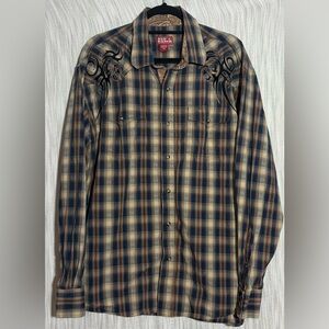 Red Ranch pearl snap Men's Blue and Tan Plaid Shirt with Embroidery
